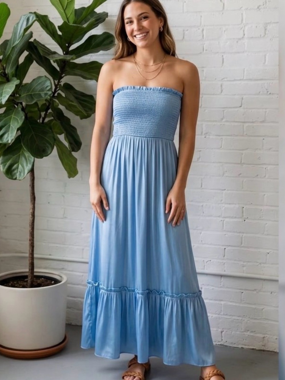 Strut and Bolt Blue Smocked Satin Elegant Strapless Maxi Dress